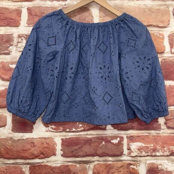 GAP Top Shirt Women's XXS Blue Boho Floral Embroidered Casual Popover Cropped - Picture 1 of 8